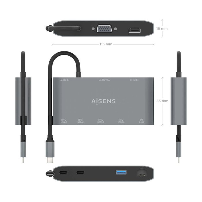 Aisens USB-C Dock 8 en 1 ASUC-8P010-GR Gris con HDMI, VGA y RJ45